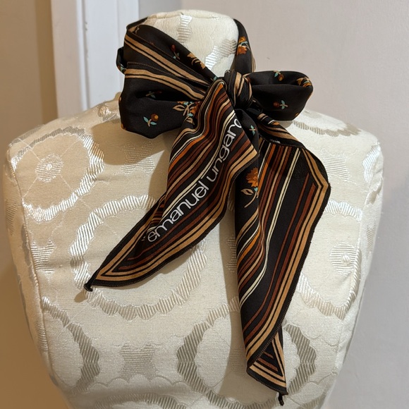 Emanuel Ungaro Silk Vintage Brown Flowers Stripes Lovely 60’s 70’s Skinny Scarf - Picture 1 of 14